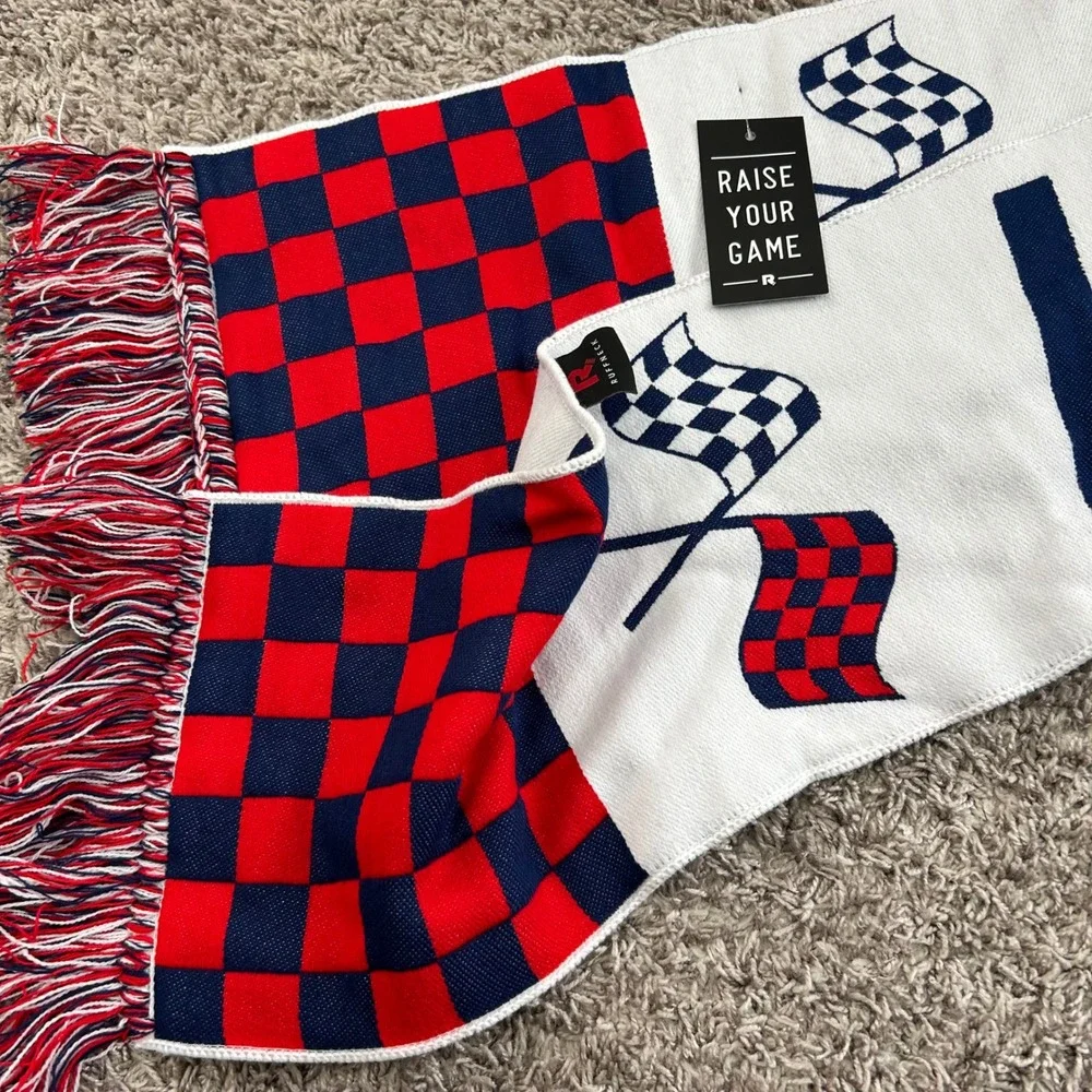 Indy Eleven Racing Scarf White Red Blue Checkered Flags Fringe‎ Knit